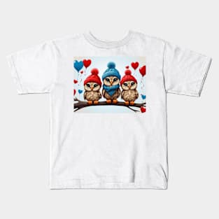 Three Owls in Woolly Hats with Heart Balloons on a Bench Kids T-Shirt